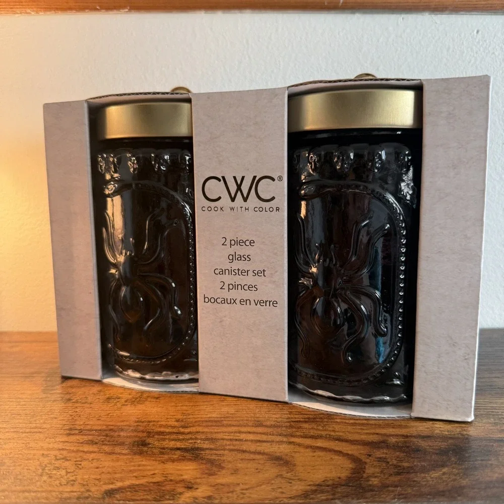 CWC Cook With Color Gray Glass 2 Piece Canister Set -Embossed Halloween Spider